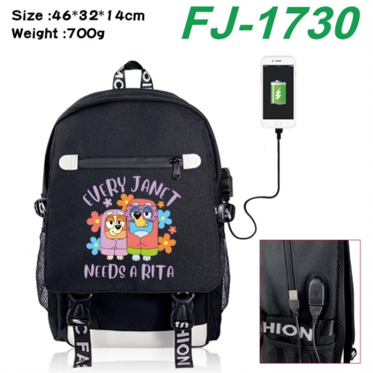 Bluey canvas USB backpack cartoon print student backpack 46X32X14CM 700g 