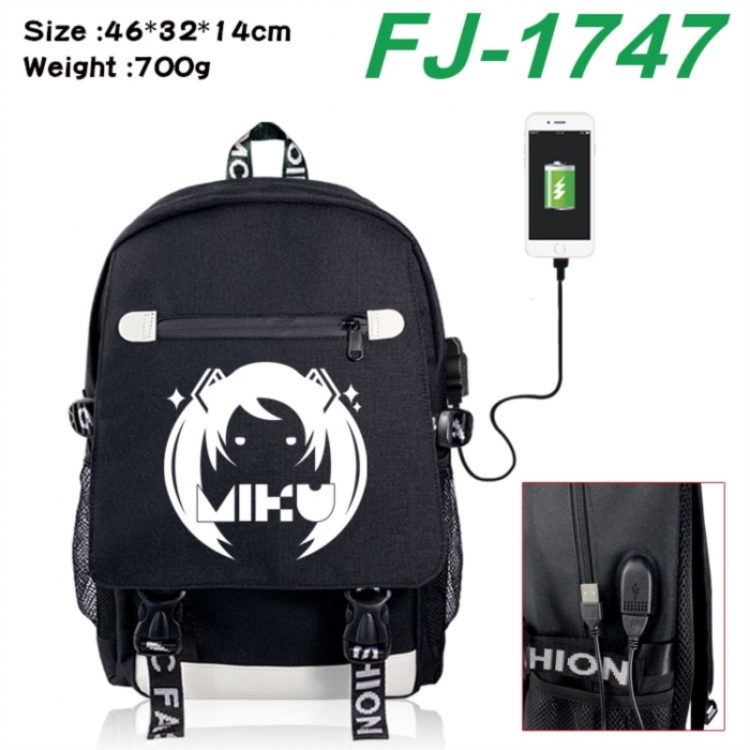 Hatsune Miku canvas USB backpack cartoon print student backpack 46X32X14CM 700g 