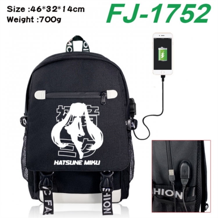 Hatsune Miku canvas USB backpack cartoon print student backpack 46X32X14CM 700g 