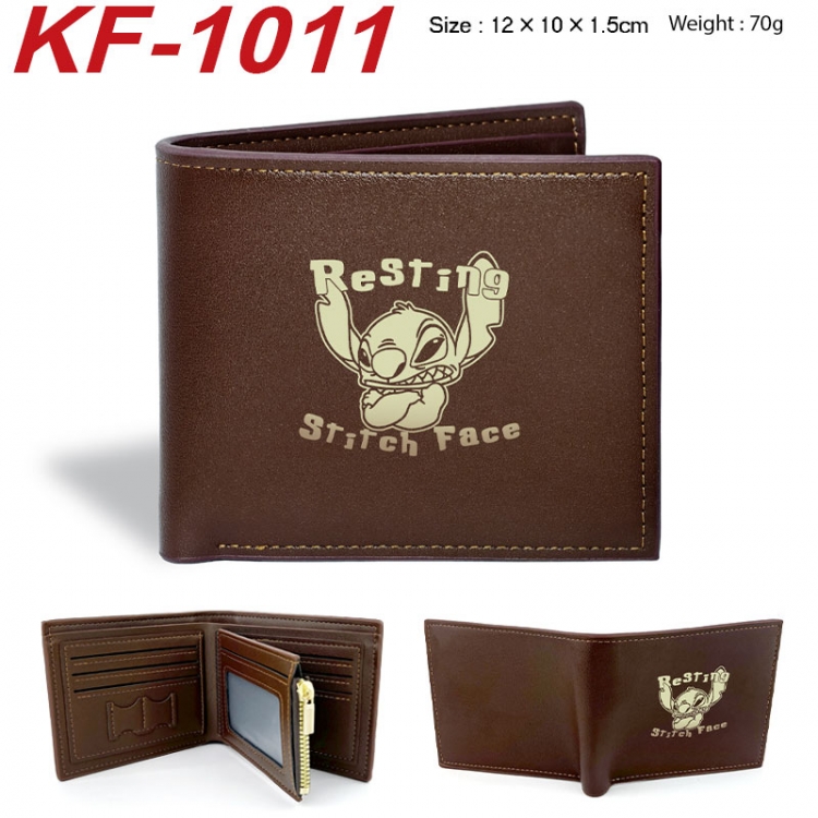 Lilo & Stitch Anime peripheral black brown leather double fold wallet 12X10X1.5CM 70g