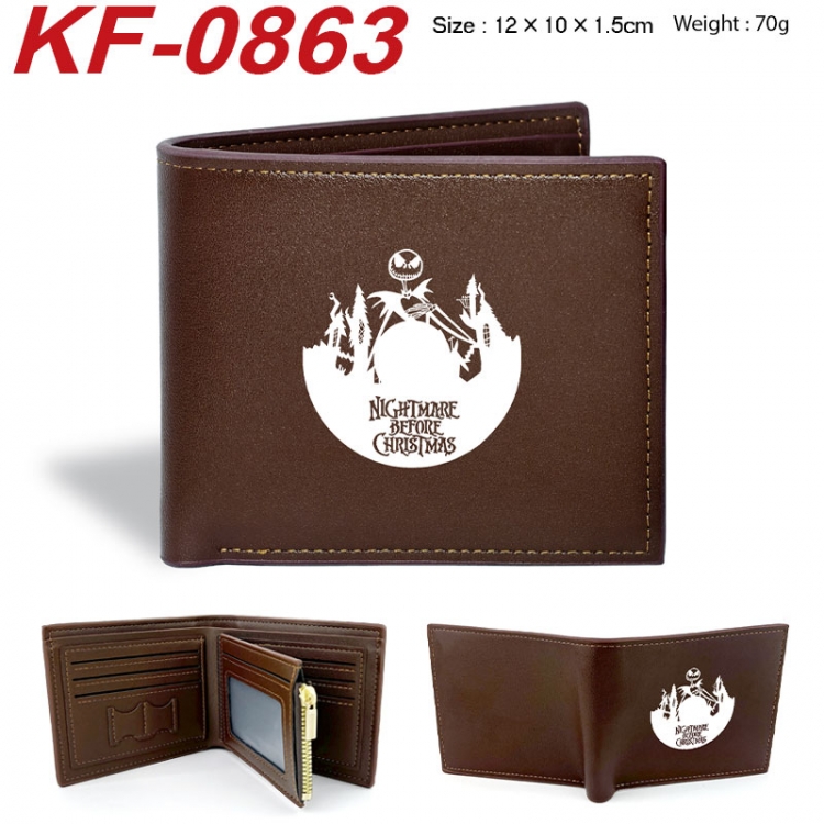 The Nightmare Before Christmas Anime peripheral black brown leather double fold wallet 12X10X1.5CM 70g