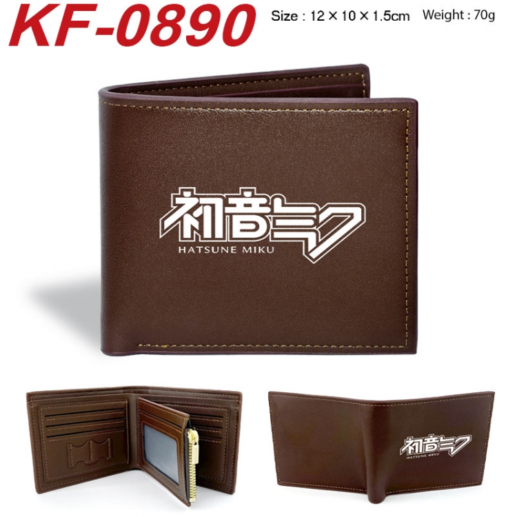 Hatsune Miku Anime peripheral black brown leather double fold wallet 12X10X1.5CM 70g