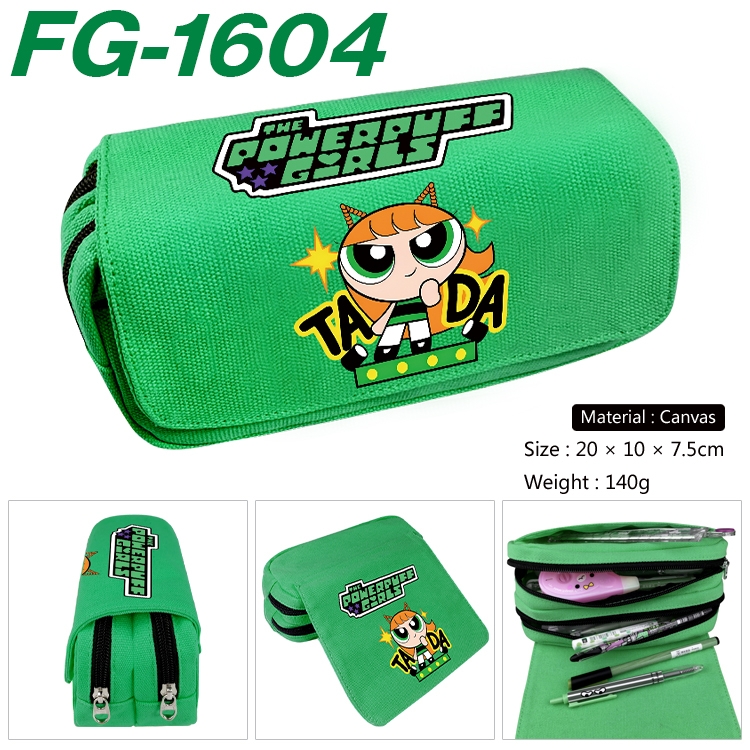 The Powerpuff Girls Anime Multi-Function Double Zipper Canvas Cosmetic Bag Pen Case 20x10x7.5cm