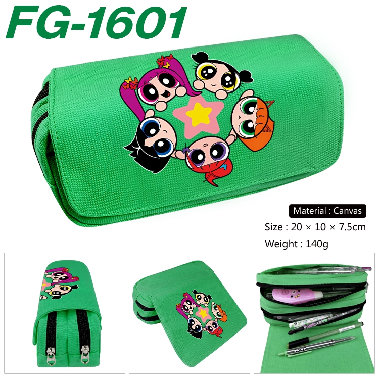 The Powerpuff Girls Anime Multi-Function Double Zipper Canvas Cosmetic Bag Pen Case 20x10x7.5cm