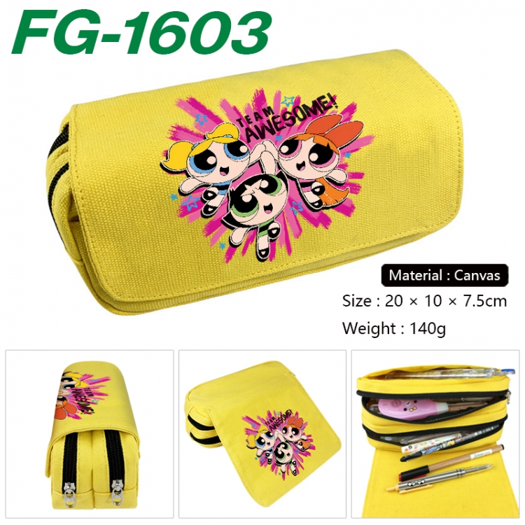 The Powerpuff Girls Anime Multi-Function Double Zipper Canvas Cosmetic Bag Pen Case 20x10x7.5cm