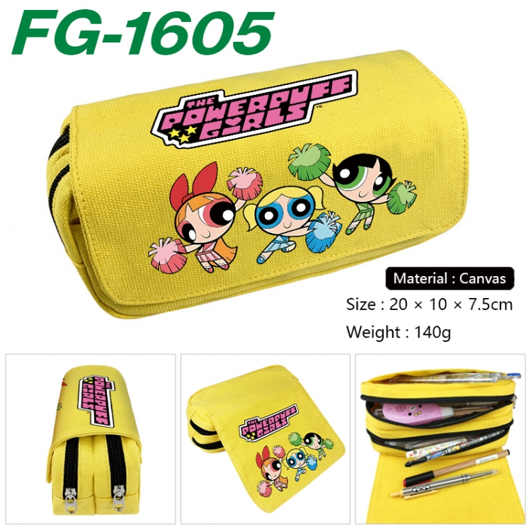 The Powerpuff Girls Anime Multi-Function Double Zipper Canvas Cosmetic Bag Pen Case 20x10x7.5cm