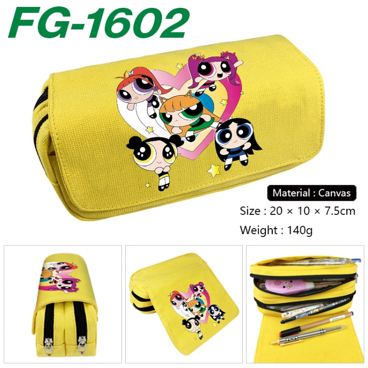 The Powerpuff Girls Anime Multi-Function Double Zipper Canvas Cosmetic Bag Pen Case 20x10x7.5cm