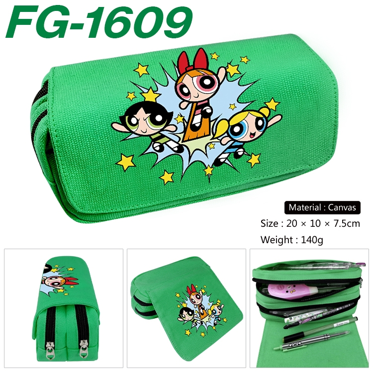 The Powerpuff Girls Anime Multi-Function Double Zipper Canvas Cosmetic Bag Pen Case 20x10x7.5cm
