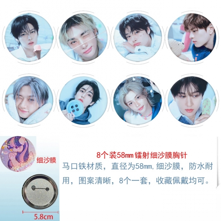 BTS Anime Circular laser fine sand film brooch badge 58MM a set of 8