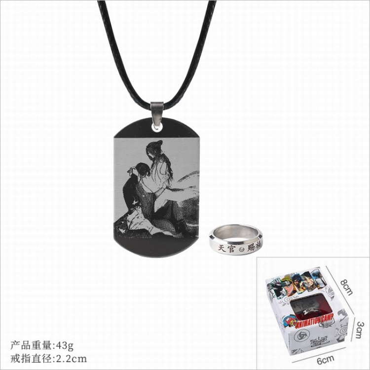 Heavenly Palace blessing Ring   stainless steel black sling necklace 2 piece set style C