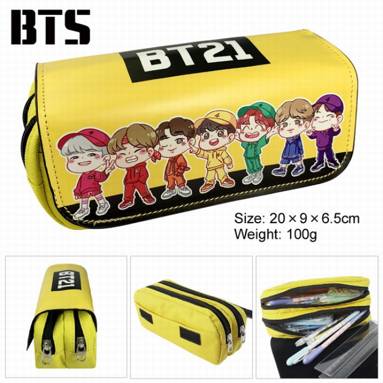 BTS BT21 PU surface Multifunction Double layer Zipper Flip cover Pencil Bag Style A