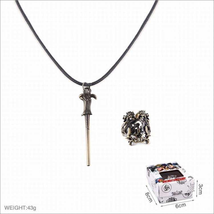 Harry Potter Ring and stainless steel black sling necklace 2 piece set style E