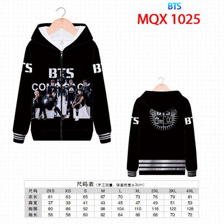 BTS Full color zipper hooded Patch pocket Coat Hoodie 9 sizes from XXS to 4XL MQX1025