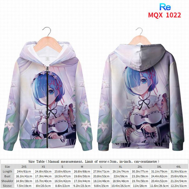 Re:Zero kara Hajimeru Isekai Seikatsu Full color zipper hooded Patch pocket Coat Hoodie 9 sizes from XXS to 4XL MQX1022