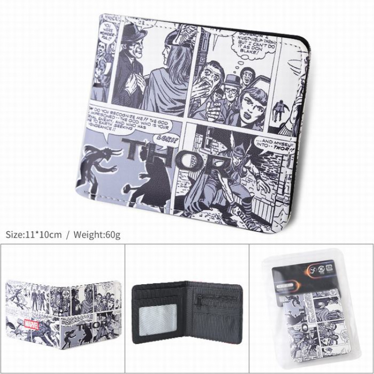 Marvel Thor comic book PU full color silk screen two fold short card bag wallet purse
