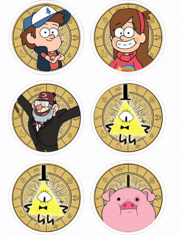 Gravity Falls-2 Anime tinplate bright film badge round cloth brooch a set of six 75MM