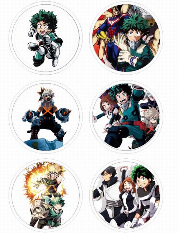 My Hero Academia Anime tinplate bright film badge round cloth brooch a set of six 75MM
