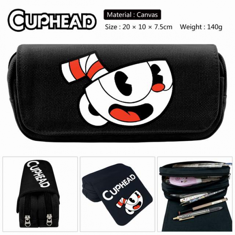 Cuphead black Anime double layer multifunctional canvas pencil bag stationery box wallet 20X10X7.5CM 140G