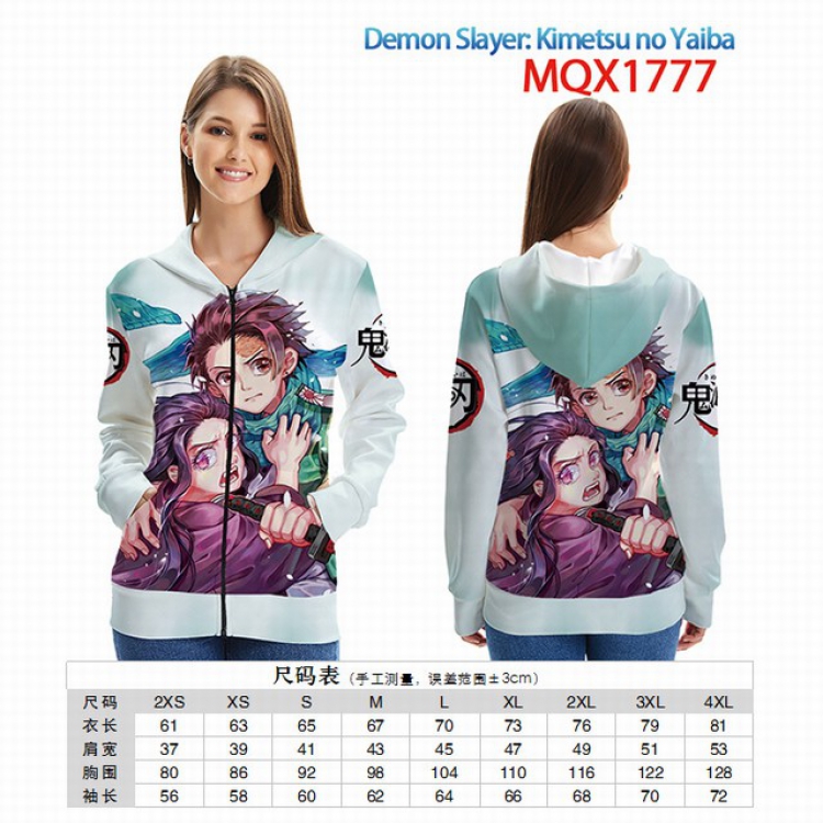 Demon Slayer Kimets Full color zipper hooded Patch pocket Coat Hoodie 9 sizes from XXS to 4XL MQX 1777