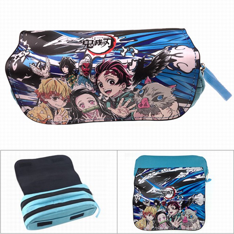 Demon Slayer Kimets Baby blue Double zipper PU pencil case Student stationery bag