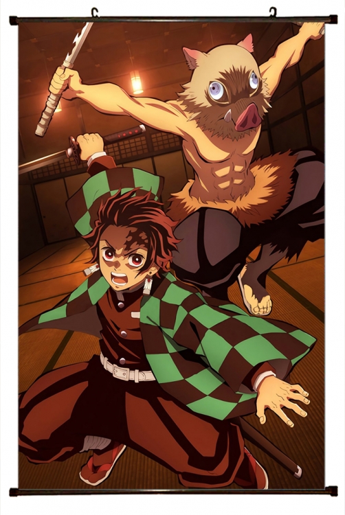 Demon Slayer Kimets Anime black  Plastic rod Cloth painting Wall Scroll 60X90CM G4354