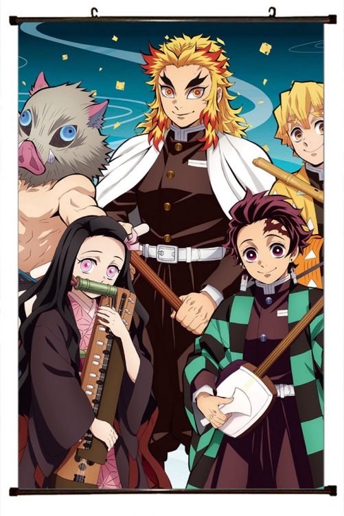 Demon Slayer Kimets Anime black Plastic rod Cloth painting Wall Scroll 60X90CM  G4-401 