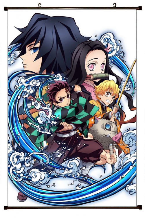 Demon Slayer Kimets Anime black Plastic rod Cloth painting Wall Scroll 60X90CM   G4-390