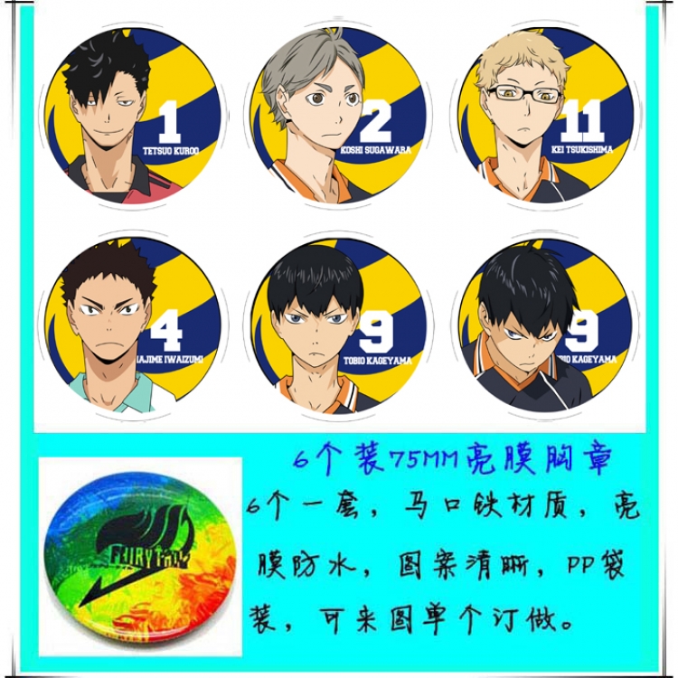Haikyuu!!  Anime round Badge Bright film badge Brooch 75mm a set of 6 Style C