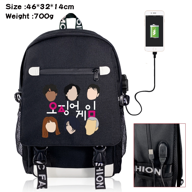 Squid game Canvas Backpack School Bag with Flip Data Cable