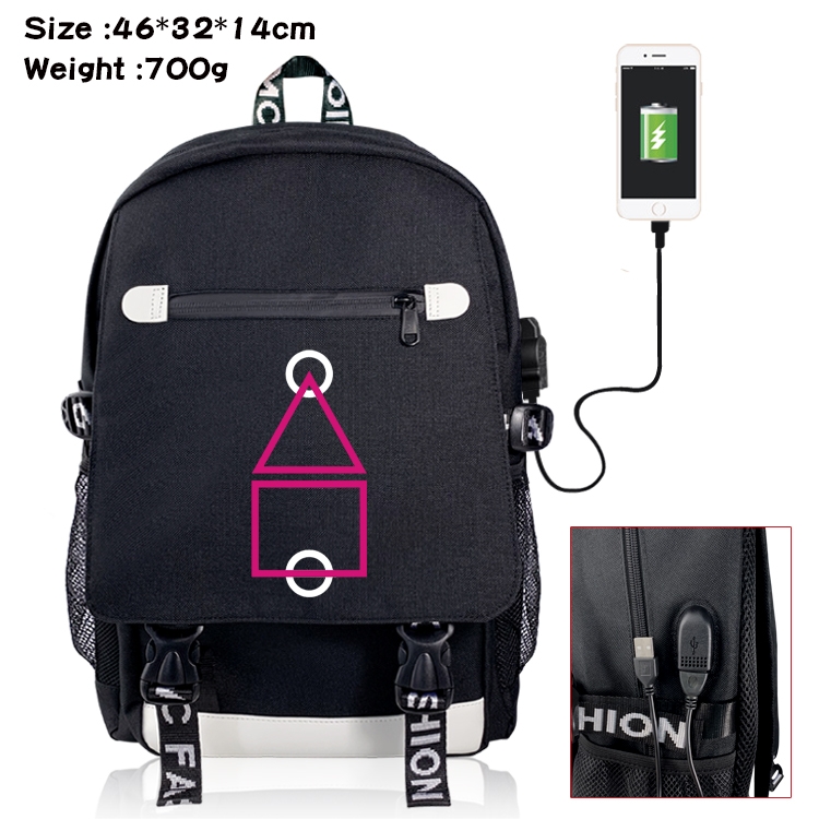 Squid game Canvas Backpack School Bag with Flip Data Cable