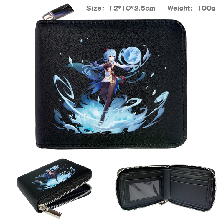 Genshin Impact Anime zipper black leather half-fold wallet 12X10X2.5CM 100G  10A