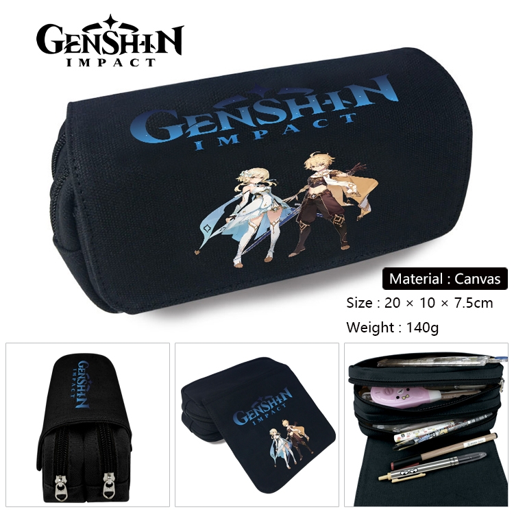 Genshin Impact Anime Multi-Function Double Zipper Canvas Cosmetic Bag Pen Case 20x10x7.5cm