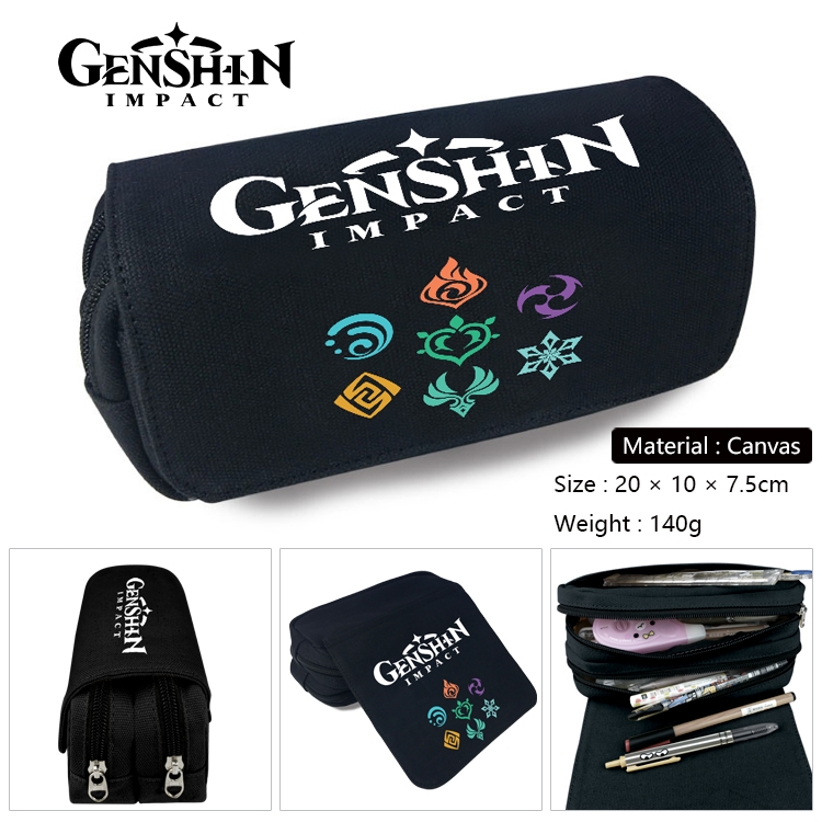 Genshin Impact Anime Multi-Function Double Zipper Canvas Cosmetic Bag Pen Case 20x10x7.5cm