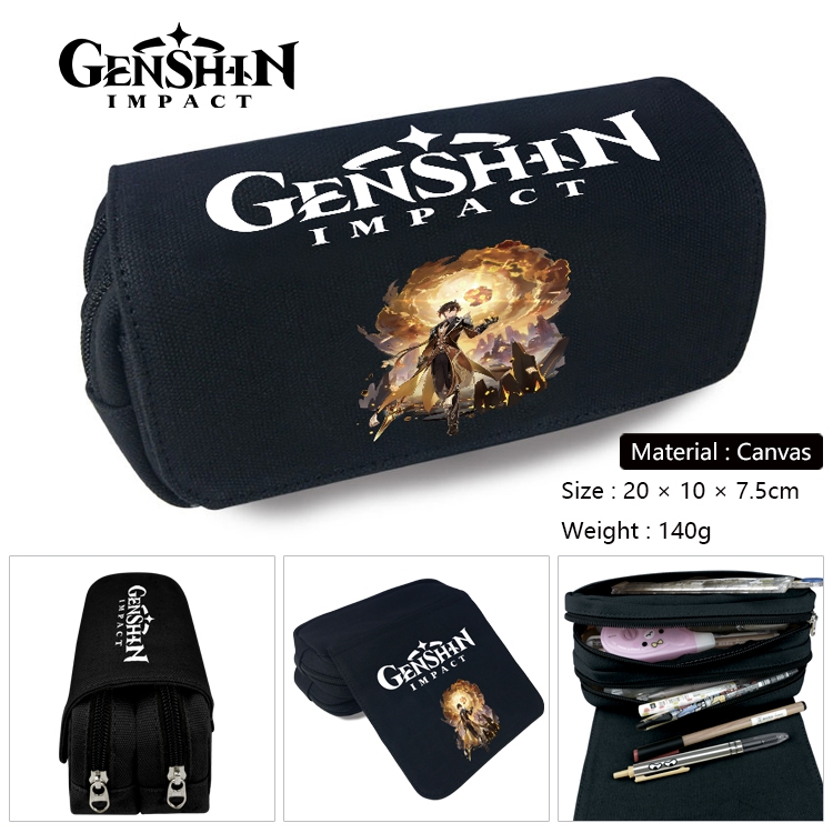 Genshin Impact Anime Multi-Function Double Zipper Canvas Cosmetic Bag Pen Case 20x10x7.5cm