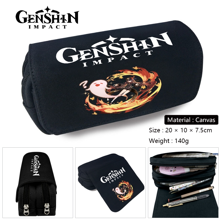 Genshin Impact Anime Multi-Function Double Zipper Canvas Cosmetic Bag Pen Case 20x10x7.5cm