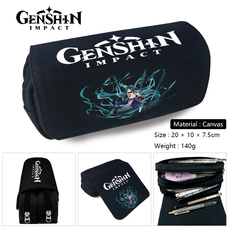 Genshin Impact Anime Multi-Function Double Zipper Canvas Cosmetic Bag Pen Case 20x10x7.5cm