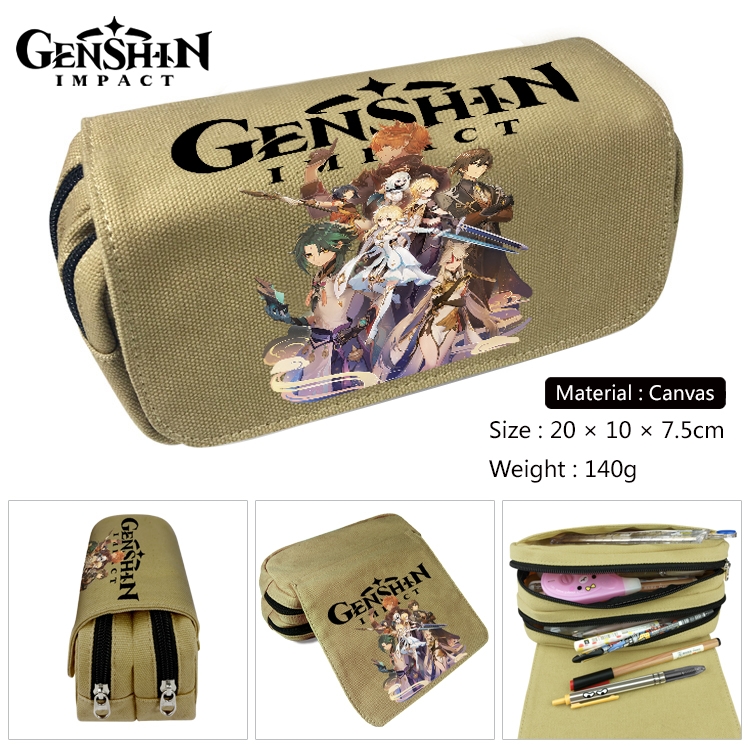 Genshin Impact Anime Multi-Function Double Zipper Canvas Cosmetic Bag Pen Case 20x10x7.5cm
