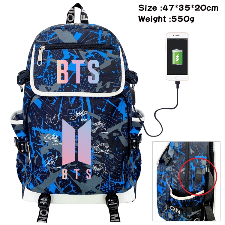 BTS Movie Star Camouflage Flip Data Cable Backpack School Bag 47x35x20cm