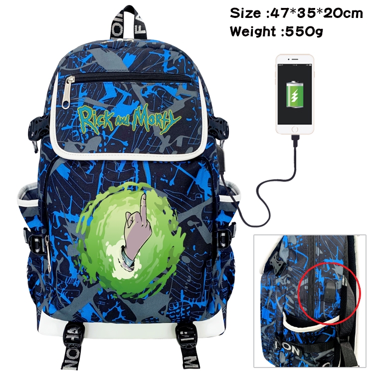 Rick and Morty Anime Camouflage Flip Data Cable Backpack School Bag 47x35x20cm