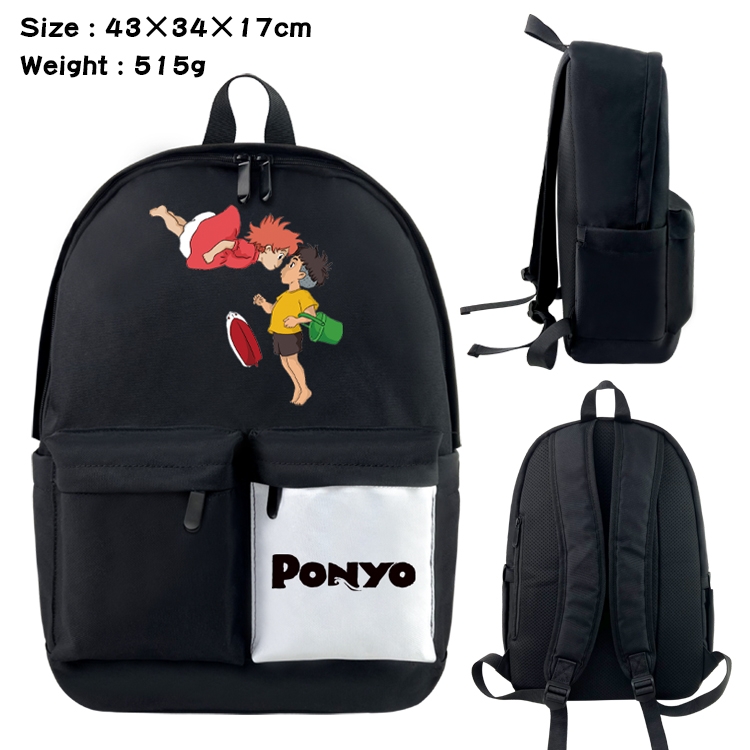Goldfish on the cliff Anime Black and White Double Spell Waterproof Nylon Backpack School Bag 43x34x17cm