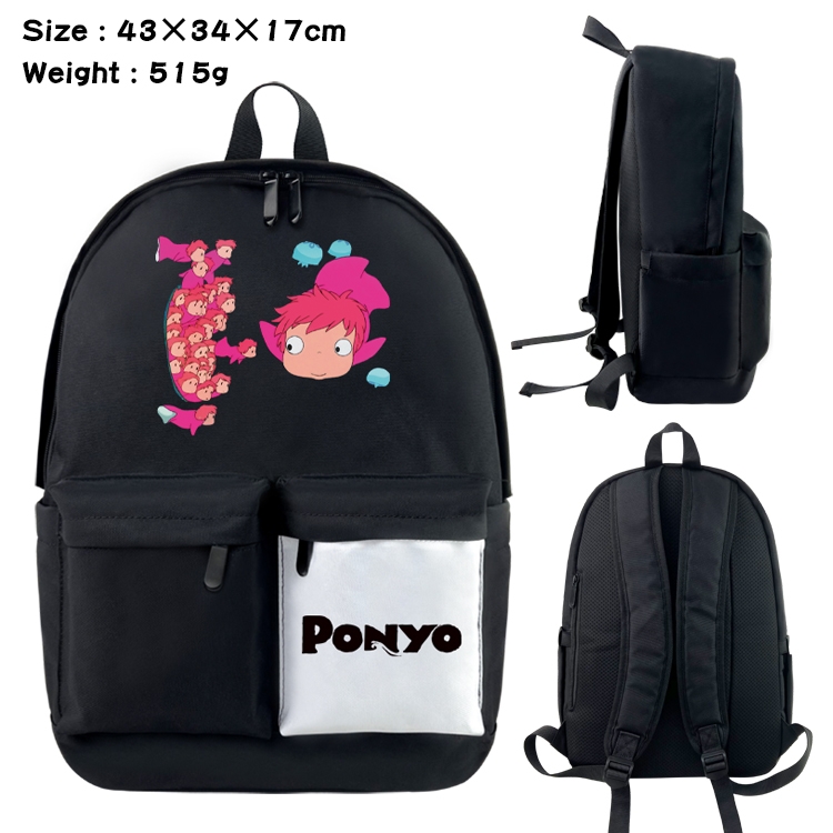 Goldfish on the cliff Anime Black and White Double Spell Waterproof Nylon Backpack School Bag 43x34x17cm