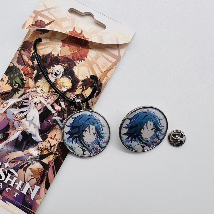 Genshin Impact Anime Cartoon Leather Rope Necklace Brooch 2 Piece Set  807