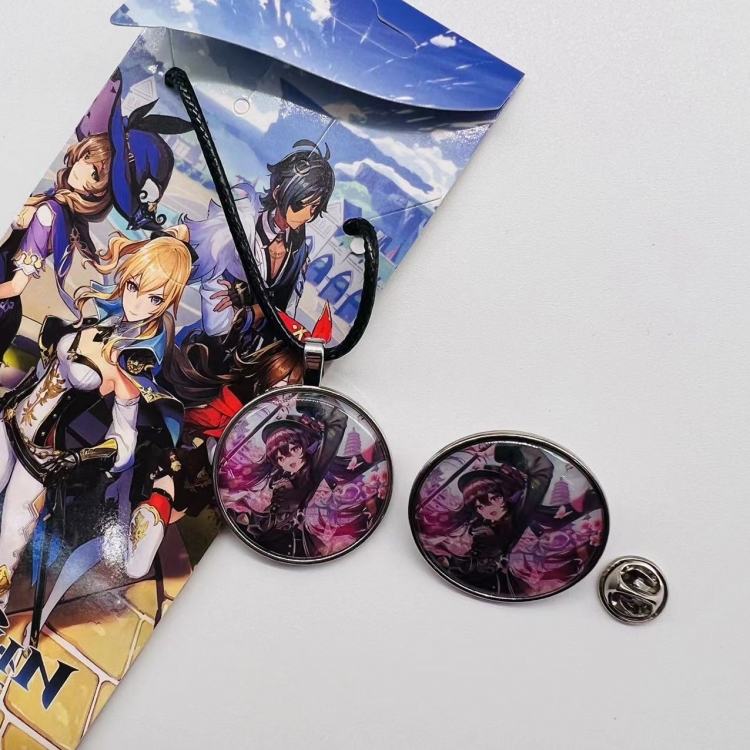 Genshin Impact Anime Cartoon Leather Rope Necklace Brooch 2 Piece Set 845