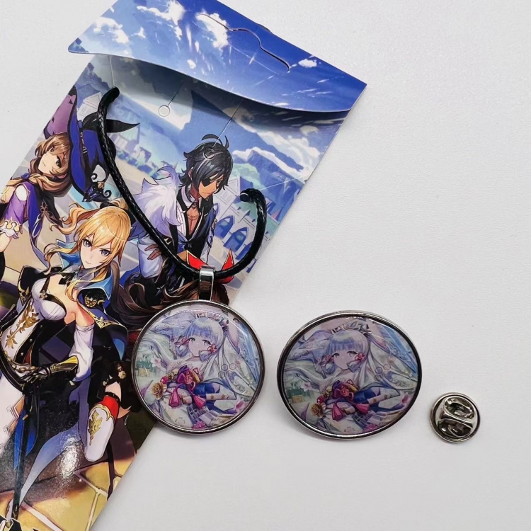 Genshin Impact Anime Cartoon Leather Rope Necklace Brooch 2 Piece Set  838