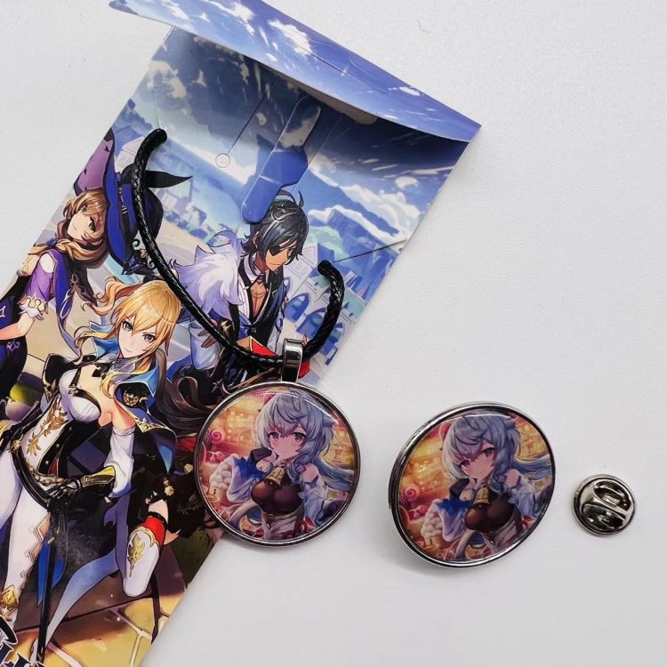 Genshin Impact Anime Cartoon Leather Rope Necklace Brooch 2 Piece Set 822