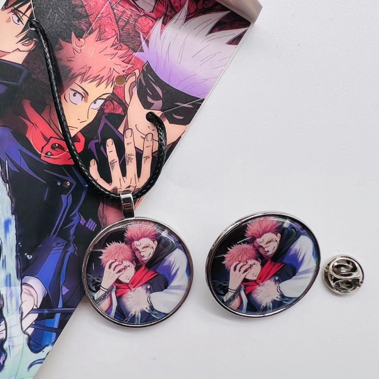 Jujutsu Kaisen Anime Cartoon Leather Rope Necklace Brooch 2 Piece Set   524