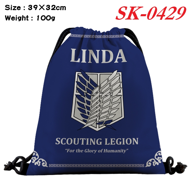 Shingeki no Kyojin cartoon Waterproof Nylon Full Color Drawstring Pocket 39x32cm SK-0429