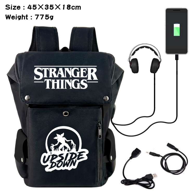 Stranger Things Anime Canvas Bucket Data Cable Backpack School Bag 45X35X18CM 775G