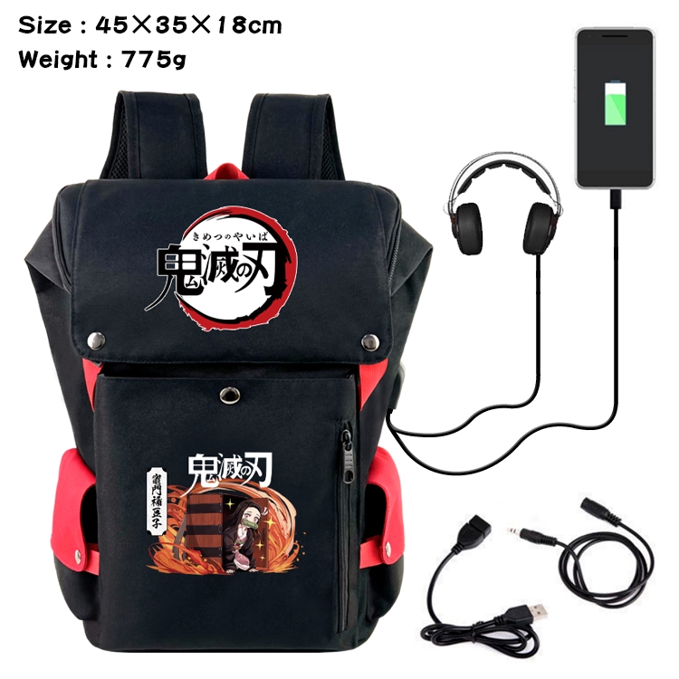 Demon Slayer Kimets Anime Canvas Bucket Data Cable Backpack School Bag 45X35X18CM 775G
