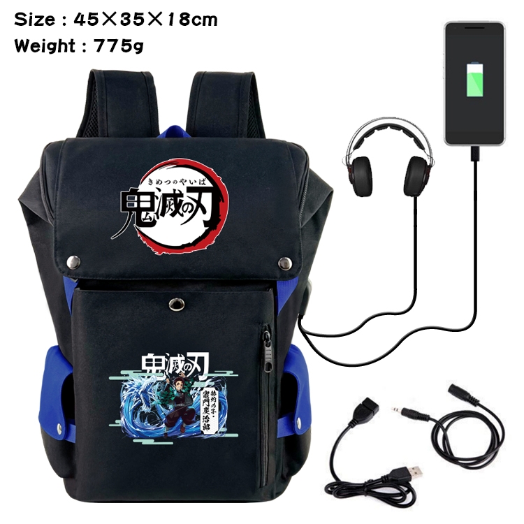 Demon Slayer Kimets Anime Canvas Bucket Data Cable Backpack School Bag 45X35X18CM 775G